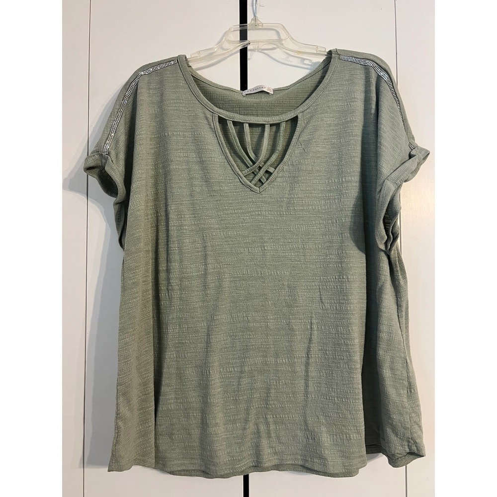 Retrology Boho Sage Green Strappy Lattice V-Neck Rhinestone Shoulder Top Plus 3X